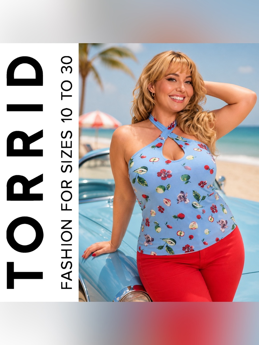Torrid Frankie Blue Fruit Retro Chic Foxy Twist-Neck Halter Top, 2X, NWT!